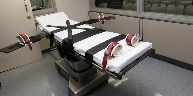Photo shows the gurney in the execution chamber at the Oklahoma State Penitentiary in McAlester, Okla.