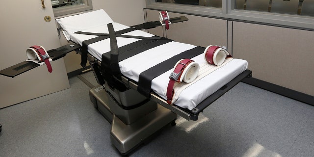 Photo shows the gurney in the execution chamber at the Oklahoma State Penitentiary in McAlester, Okla.