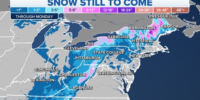 Expected snowfall totals through Monday.
