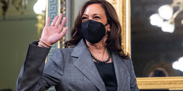 Vice President Kamala Harris arrives to swear in Julissa Reynoso Pantaleon, U.S. ambassador to Spain, in the Vice President's Ceremonial Office in Washington, D.C., on Wednesday, Jan. 6, 2022.