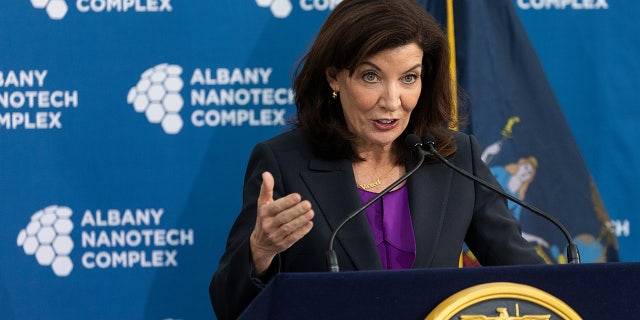 Gov. Kathy Hochul speaks during a new conference in Albany, New York, on Monday, Jan. 24, 2022.