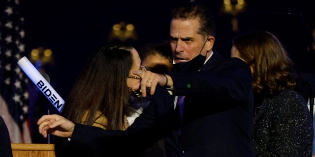 Hunter Biden celebrates onstage at the election rally, after the news media announced that Biden has won the 2020 U.S. presidential election over President Donald Trump, in Wilmington, Delaware, U.S., November 7, 2020. REUTERS/Jim Bourg