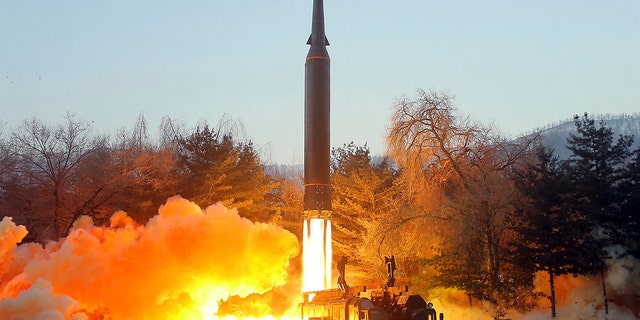 This photo provided by the North Korean government shows what it says a test launch of a hypersonic missile in North Korea Wednesday, Jan. 5, 2022. 