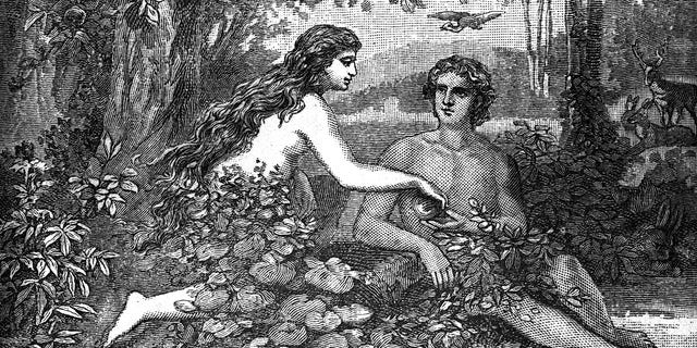 Engraving of "Adam and Eve Eat the Forbidden Fruit" published in "The Story of the Bible from Genesis to Revelation," by Charles Foster in 1883. The engraving is now in the public domain.
