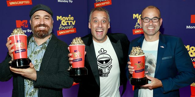 (L-R) Brian Quinn, Joe Gatto, and James Murray, winners of Best Comedy / Game Show for ‘Impractical Jokers’ during the 2021 MTV Movie &amp; TV Awards in Los Angeles, California.