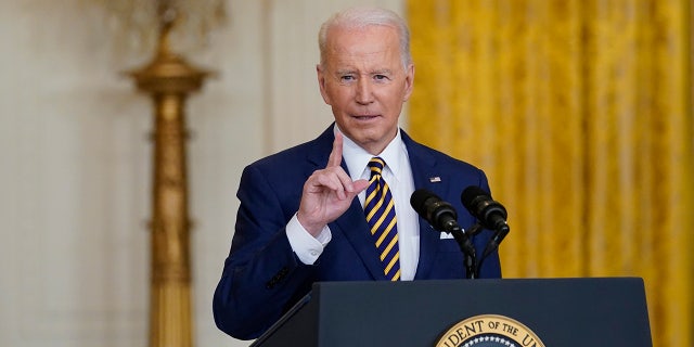 President Joe Biden speaks during a news conference in the East Room of the White House in Washington, Wednesday, Jan. 19, 2022. 