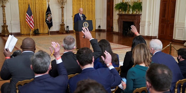 President Joe Biden holds a formal news conference in the East Room of the White House, 一月. 19, 2022.