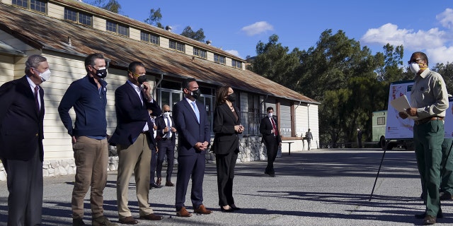 Vice President Kamala Harris attends a briefing on wildfire prevention and mitigation Friday. From left are U.S. Agriculture Secretary Tom Vilsack; California Gov. Gavin Newsom; U.S. Sen. Alex Padilla, D-Calif.; U.S. Rep. Pete Aguilar, D-Calif., and Harris. At right is an official from the U.S. Forest Service Del Rosa Fire Station in San Bernardino, California.
