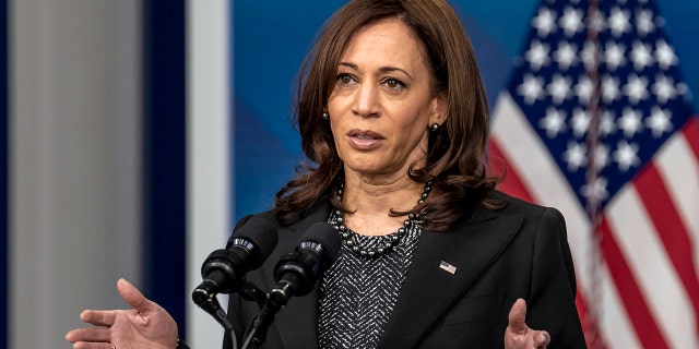Vice President Kamala Harris speaks during a virtual meeting with the Ebenezer Baptist Church in honor of Martin Luther King Jr. Day in the Eisenhower Executive Office Building in Washington, D.C., Jan. 17, 2022.