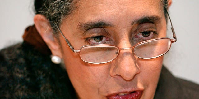 Harvard law professor Lani Guinier speaks to reporters before her remarks at the Martin Luther King Jr. Memorial Breakfast in Boston Jan. 17, 2005. Guinier, a pioneering civil rights lawyer and scholar whose nomination by President Bill Clinton to head the Justice Department's civil rights division was pulled after conservatives labeled her "quota queen," has died at 71. 