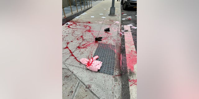Artist Scott Lolaido poured stage blood on the street outside of Manhattan District Attorney Alvin Bragg's office Tuesday to protest his progressive policies amid a surge in violence.