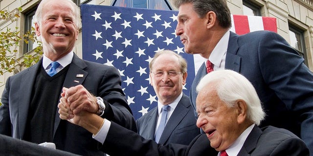 President Joe Biden, Sen. Jay Rockefeller, Gov. Joe Manchin, and Sen. Robert Byrd. (Photo by Christina Jamison/NBCU Photo Bank/NBCUniversal via Getty Images via Getty Images)