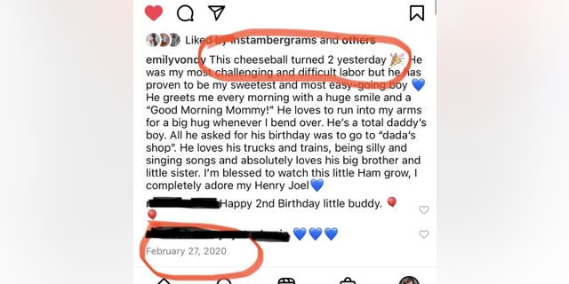 Emily Vondrachek told Fox News that she scrolled through social media posts and learned she had been announcing her son Hery's birthday on the wrong day.