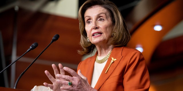 House Speaker Nancy Pelosi (D-California) speaks to reporters during the weekly news conference at the Washington State Capitol, Thursday, Jan. 13, 2022. 