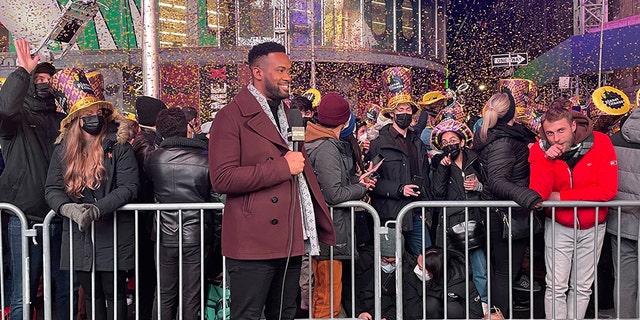 Fox Nation’s Lawrence Jones speaks during Fox's All-American New Year in Times Square, New York City, Dec. 31, 2021.