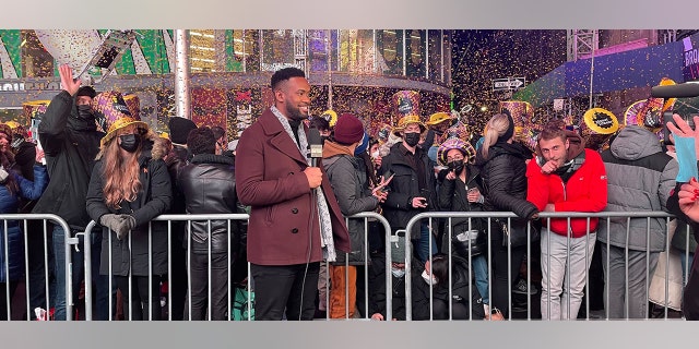 Fox Nation’s Lawrence Jones speaks during Fox's All-American New Year in Times Square, New York City, Dec. 31, 2021.