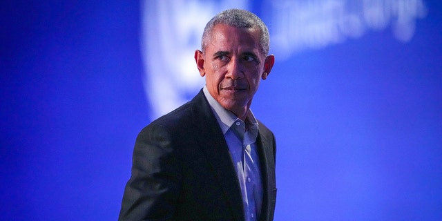 Former President Barack Obama leaves after he delivered a speech while attending day nine of the COP26 at SECC on Nov. 8, 2021 in Glasgow, Scotland.