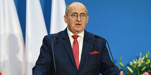 Poland's Foreign Minister Zbigniew Rau speaks during a press conference after the Visegrad Four (V4) group and Morocco meeting at Puskas Arena of Budapest, Hungary on Dec. 7, 2021. 