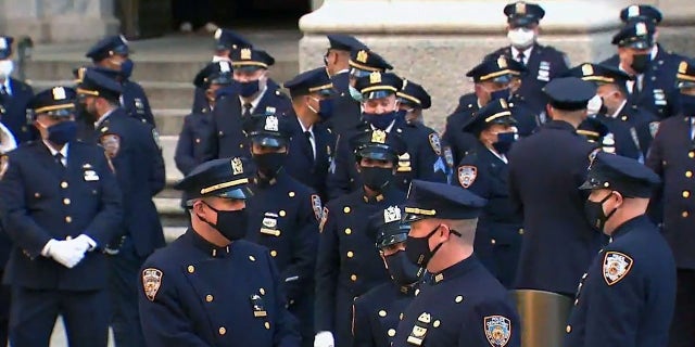 NYPD Officer Jason Rivera’s casket was transported to St. Patrick’s Cathedral for his wake.