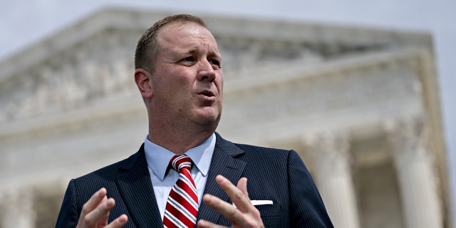 Eric Schmitt, Missouri attorney general, speaks during a news conference outside the Supreme Court in Washington, D.C., U.S., on Monday, Sept. 9, 2019.