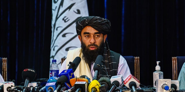 Taliban spokesman Zabihullah Mujahid during a press conference in Kabul, Afghanistan, on Aug. 17, 2021.