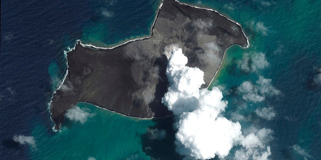 This satellite images provided by Maxar Technologies shows an overview of Hunga Tonga Hunga Ha'apai volcano in Tonga on Jan. 6. (Satellite image ©2022 Maxar Technologies via AP)