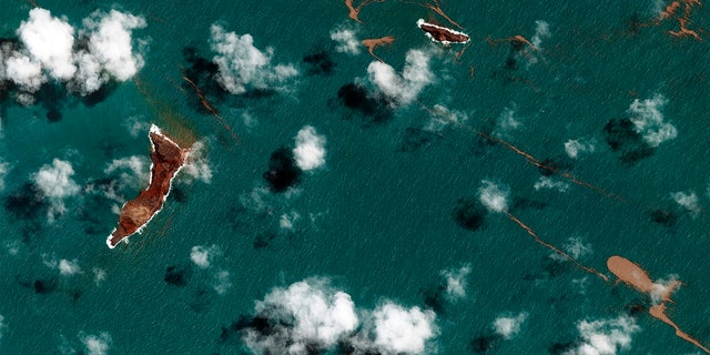 This satellite image provided by Maxar Technologies shows an overview of Hunga Tonga Hunga Ha'apai volcano in Tonga on Jan. 18.