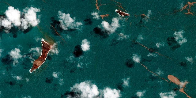This satellite image provided by Maxar Technologies shows an overview of Hunga Tonga Hunga Ha'apai volcano in Tonga on Jan. 18.