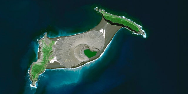 This satellite image provided by Maxar Technologies shows an overview of Hunga Tonga Hunga Ha'apai volcano in Tonga on April 10. (Satellite image ©2022 Maxar Technologies via AP)