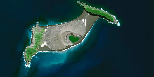 This satellite image provided by Maxar Technologies shows an overview of Hunga Tonga Hunga Ha'apai volcano in Tonga on April 10. (Satellite image ©2022 Maxar Technologies via AP)