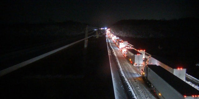 Trucks could be seen in a  standstill along parts of the I-95 in Virginia after a major snowstorm,