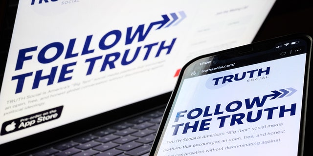 The "Truth Social" logo on a computer screen and smartphone.