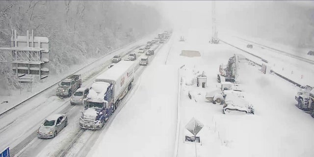 This image provided by the Virginia department of Transportation shows a closed section of Interstate 95 near Fredericksburg, Va., on Monday. 