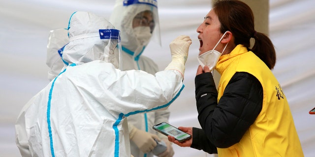 Workers wearing protective suits take a sample from a woman for a COVID-19 test in Xi'an in China's Shaanxi Province, Tuesday, Jan. 4, 2022.