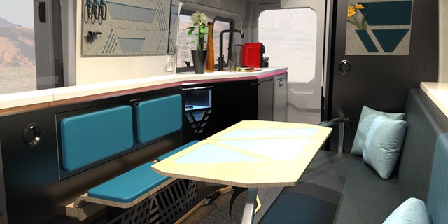 The e-RV is designed with a full kitchen and bath.