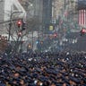 New York Police officers gather along Fifth Avenue for the funeral of officer Jason Rivera, Friday, Jan. 28, 2022, outside St. Patrick's Cathedral in New York. (AP Photo/Yuki Iwamura)