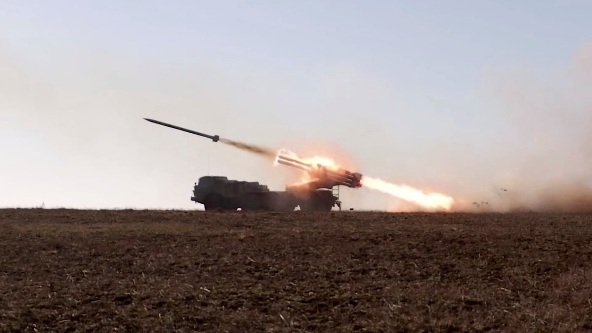 A Russian "Uragan" self-propelled multiple rocket launcher system launches a rocket during military exercises at the Opuk training area in Crimea, in this still image taken from a handout video released February 15, 2022. Russian Defence Ministry/Handout via REUTERS ATTENTION EDITORS - THIS IMAGE HAS BEEN SUPPLIED BY A THIRD PARTY. MANDATORY CREDIT. NO RESALES. NO ARCHIVES.