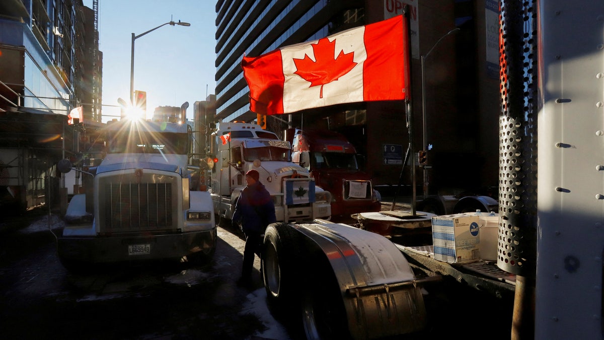 Trucks block a downtown road in Ottawa as truckers and supporters continue to protest COVID-19 vaccine mandates. via Reuters 