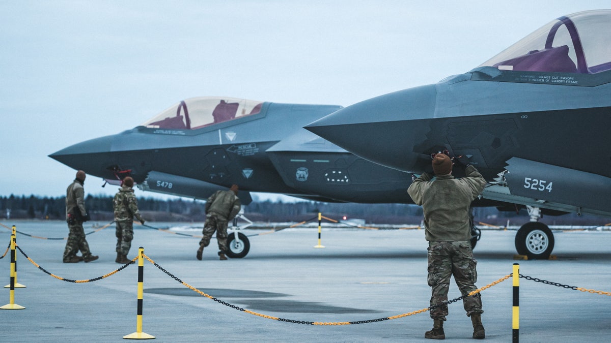 Two U.S. Air Force F-35 Lightning II aircraft assigned to the 34th Fighter Squadron at Hill Air Force Base, Utah, arrive at Amari Air Base, Estonia, February 24, 2022. U.S. Air Force/Handout via REUTERS THIS IMAGE HAS BEEN SUPPLIED BY A THIRD PARTY.