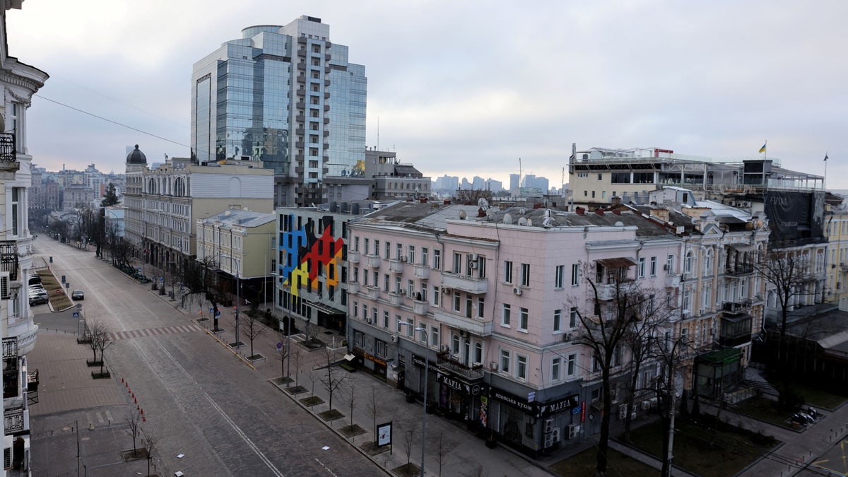 A deserted street is seen after Russia launched a massive military operation against Ukraine, in Kyiv, Ukraine February 26, 2022. 