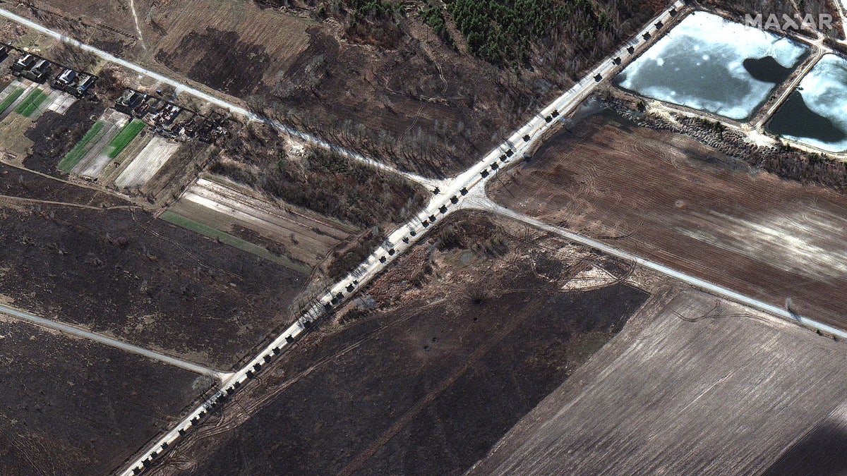 A satellite image shows a military convoy near Invankiv, Ukraine February 28, 2022. 