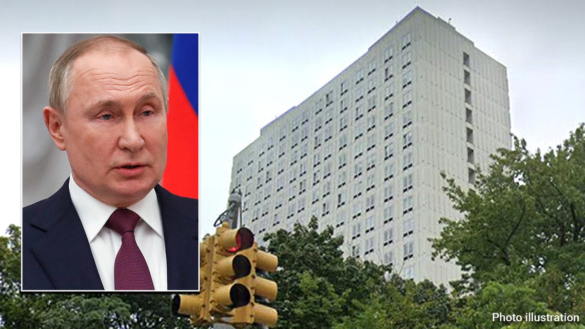 A view of the Russian Diplomatic Compound at 355 West 255th Street; Inset: Russian President Vladimir Putin (Getty Images) 