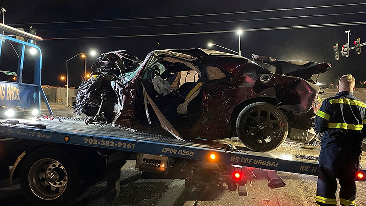 This photo released by the North Las Vegas Police Department shows a Dodge Challenger in North Las Vegas on Saturday, Jan. 29, 2022. (North Las Vegas Police Department via AP)