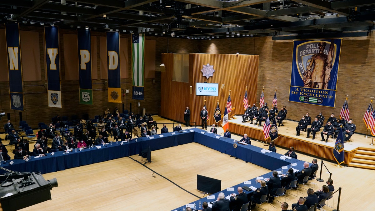 President Joe Biden speaks at an event with New York City Mayor Eric Adams and Gov. Kathy Hochul, D-N.Y., to discuss gun violence strategies, at police headquarters, Thursday, Feb. 3, 2022, in New York.