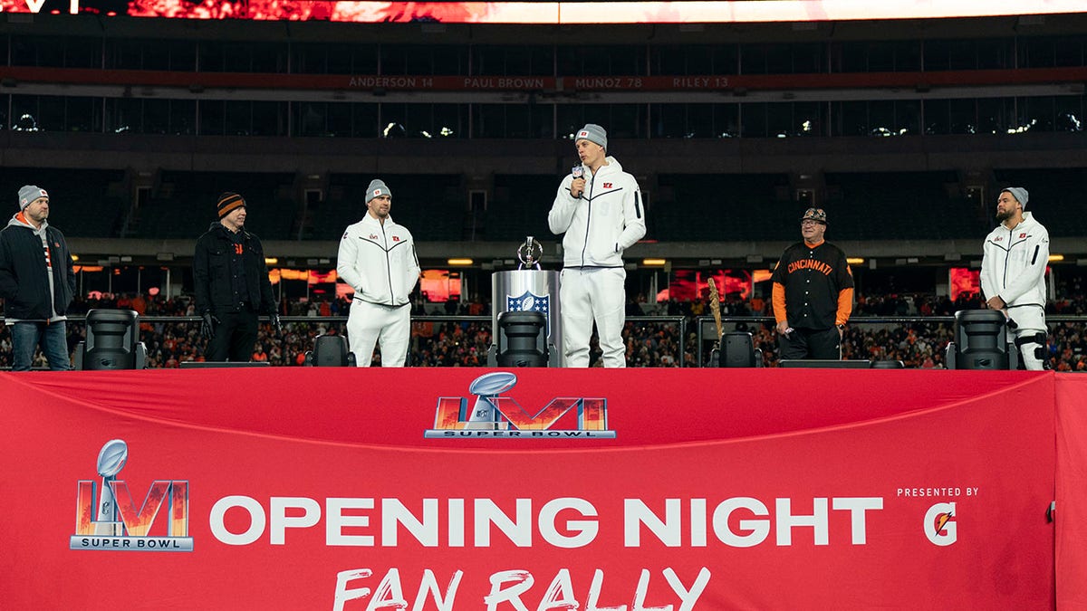 Cincinnati Bengals quarterback Joe Burrow speaks during the Super Bowl LVI Opening Night Fan Rally, Monday, Feb. 7, 2022, in Cincinnati.