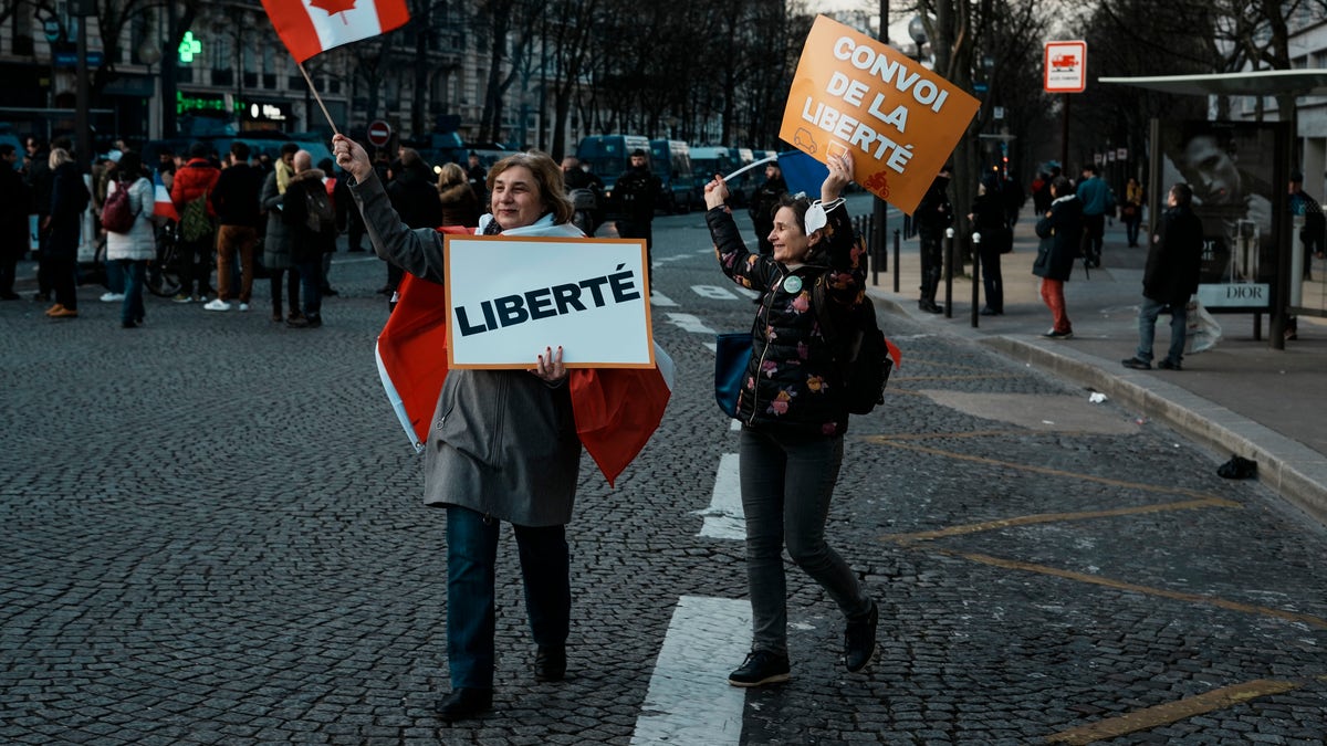 Protestors hold placards reading "Freedom", on the left, and "Freedom convoy", on the right, as they attend a gathering, in Paris, Friday, Feb. 11, 2022. 