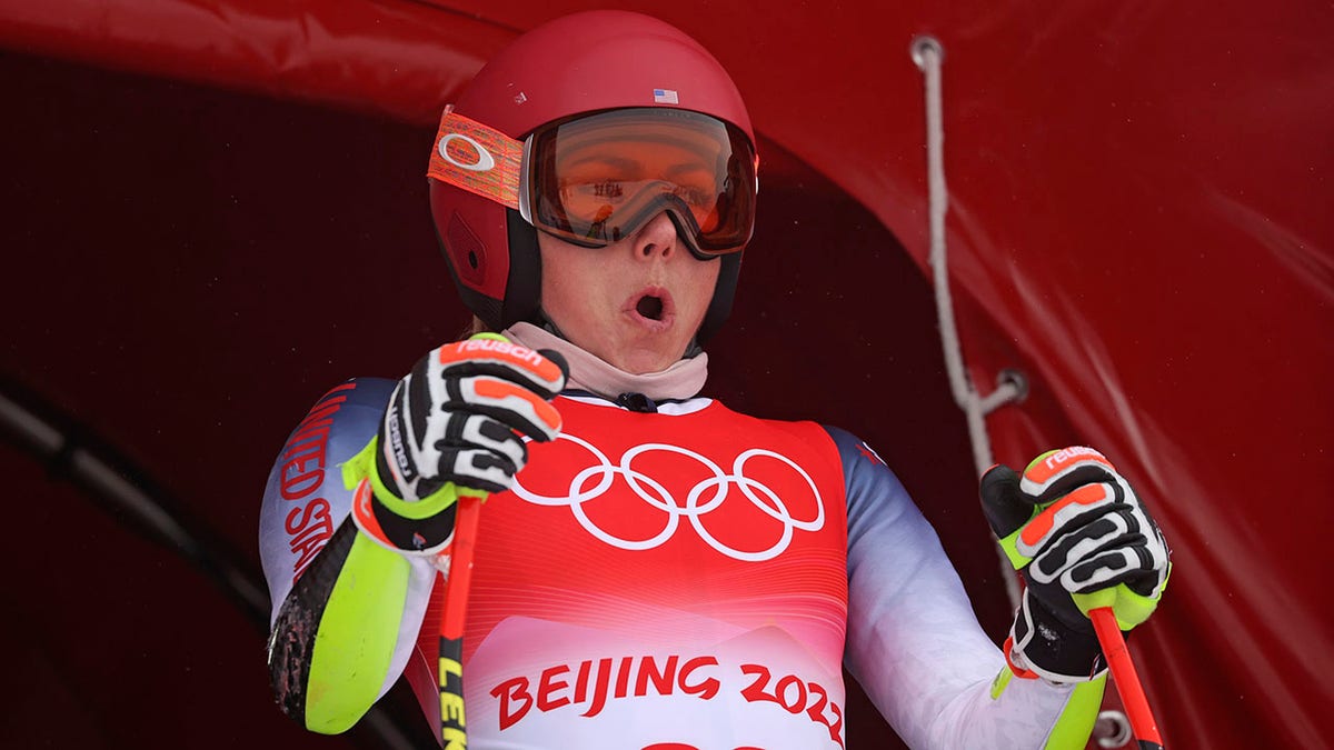 Mikaela Shiffrin of United States at the start of women's downhill training at the 2022 Winter Olympics, Saturday, Feb. 12, 2022, in the Yanqing district of Beijing.