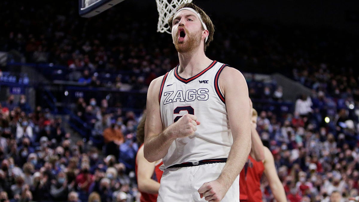 Gonzaga forward Drew Timme celebrates after scoring a basket during the second half of the team's NCAA college basketball game against Saint Mary's, Saturday, Feb. 12, 2022, in Spokane, Wash. Gonzaga won 74-58.