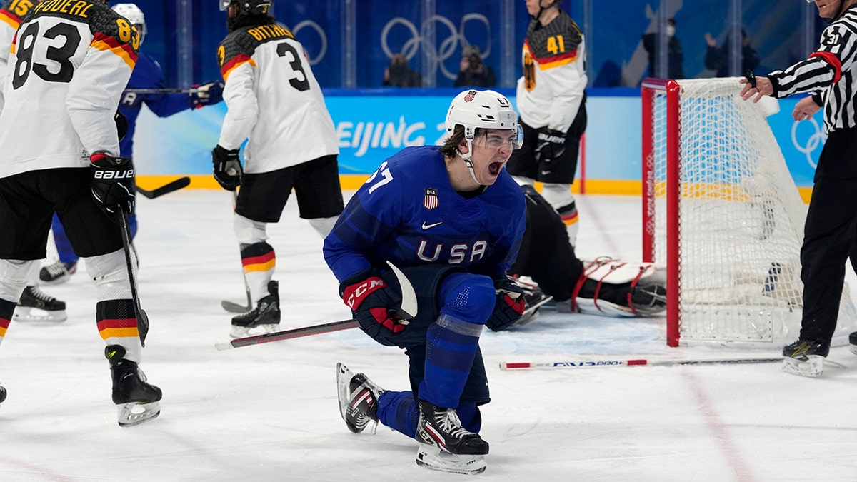 United States' Matt Knies celebrates a goal during a preliminary round men's hockey game against Germany at the 2022 Winter Olympics, Sunday, Feb. 13, 2022, in Beijing. 