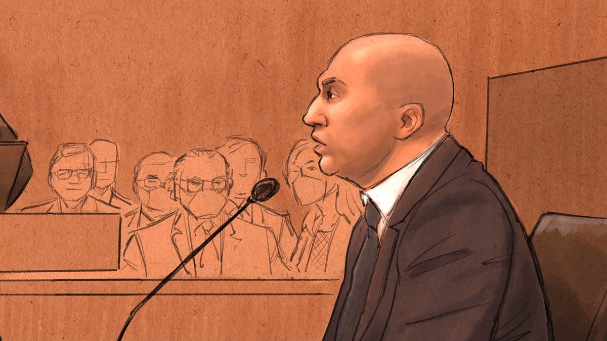 In this courtroom sketch, former Minneapolis Police Officer J. Alexander Kueng testifies during his trial in the killing of George Floyd in federal court in St. Paul, Minn., on Wednesday, Feb. 16, 2022.